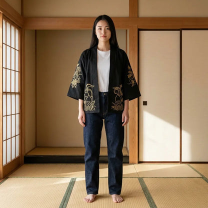 Frau trägt Haori Jacke mit Kitsune Muster im Washitsu Raum mit Tatami und Shoji