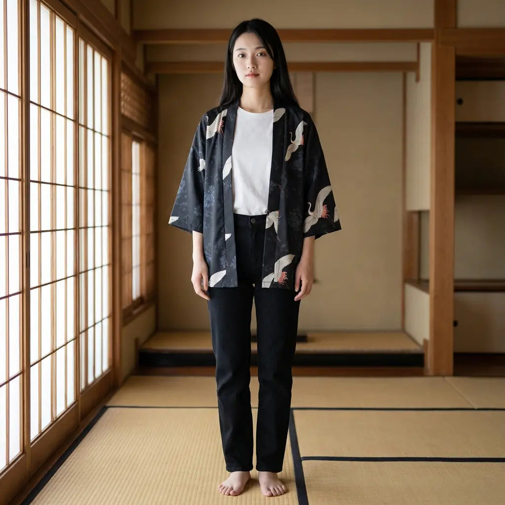 Frau trägt lockere Haori Kimono Jacke in Tatami Zimmer mit Shoji Schiebetüren