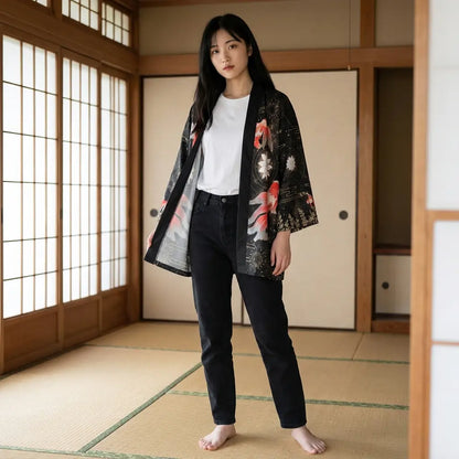 Frau trägt Haori Kimono Jacke in einem Raum mit Tatami und Shoji