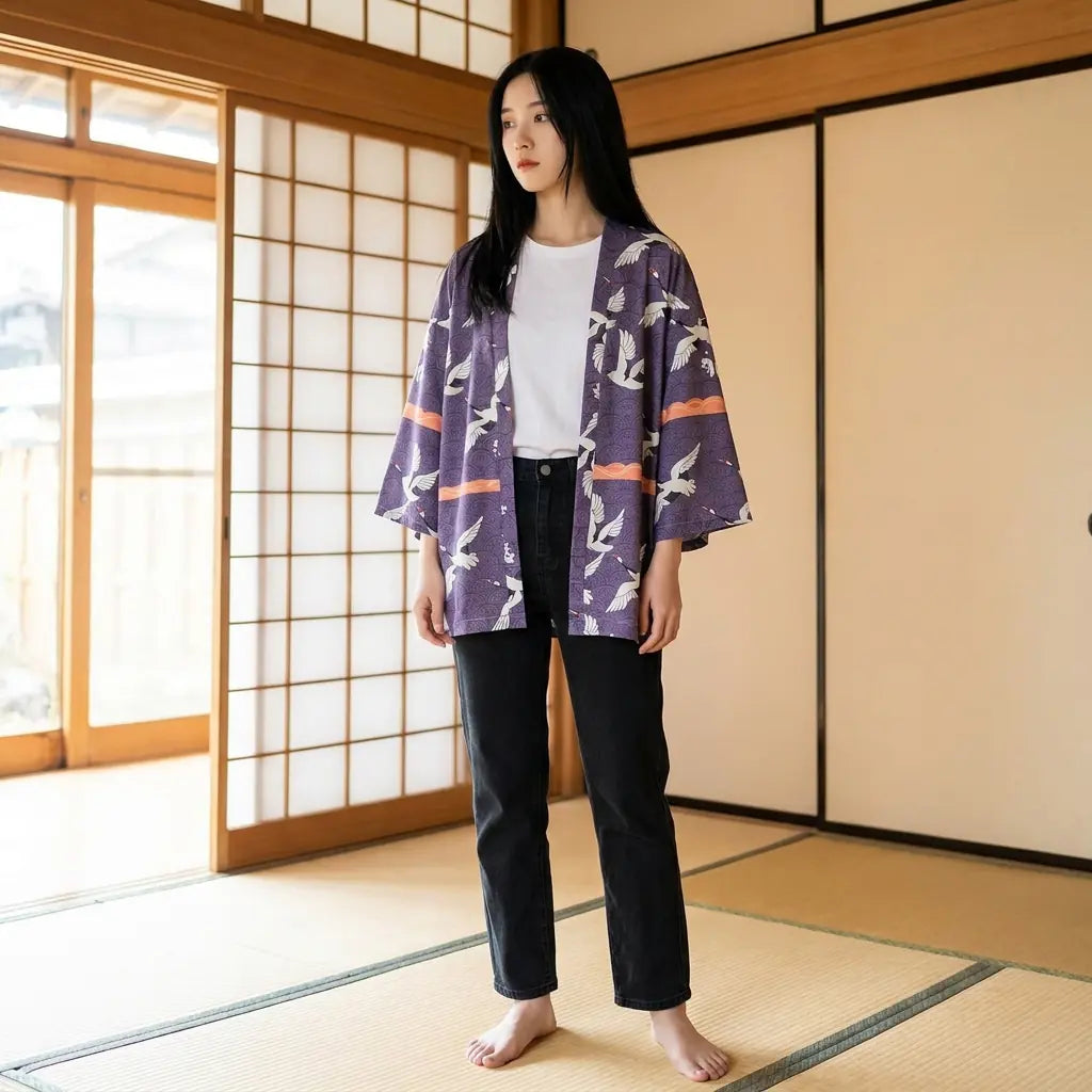 Frau trägt Haori Tokyo Kimono Jacke in Raum mit Tatami und Shoji-Wänden