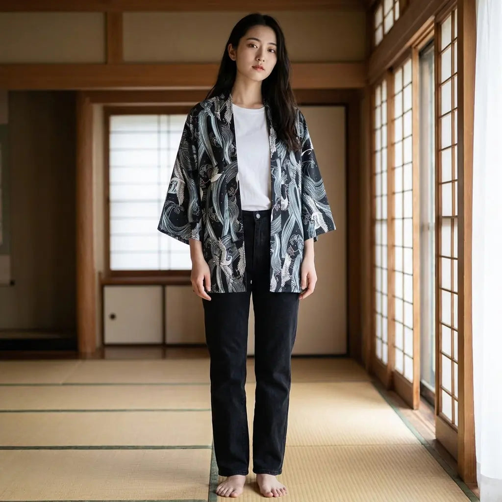 Frau trägt Haori Jacke im Kimono-Stil in einem Raum mit Tatami und Shoji-Schiebetüren