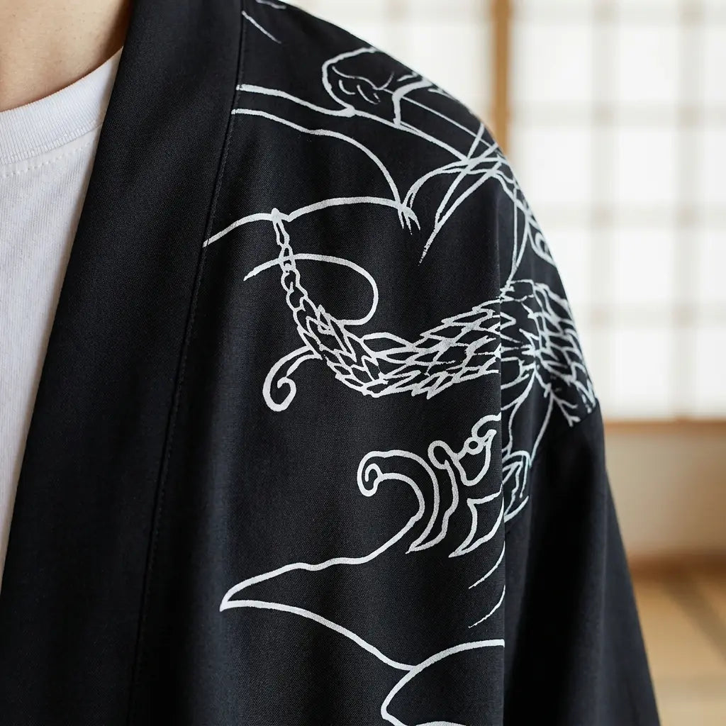 Nahaufnahme des bedruckten Stoffs und Ärmels der Haori Kimono Jacke