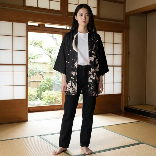 Frau trägt Haori Kimono Jacke mit Mond-Print in einem Raum mit Tatami und Shoji