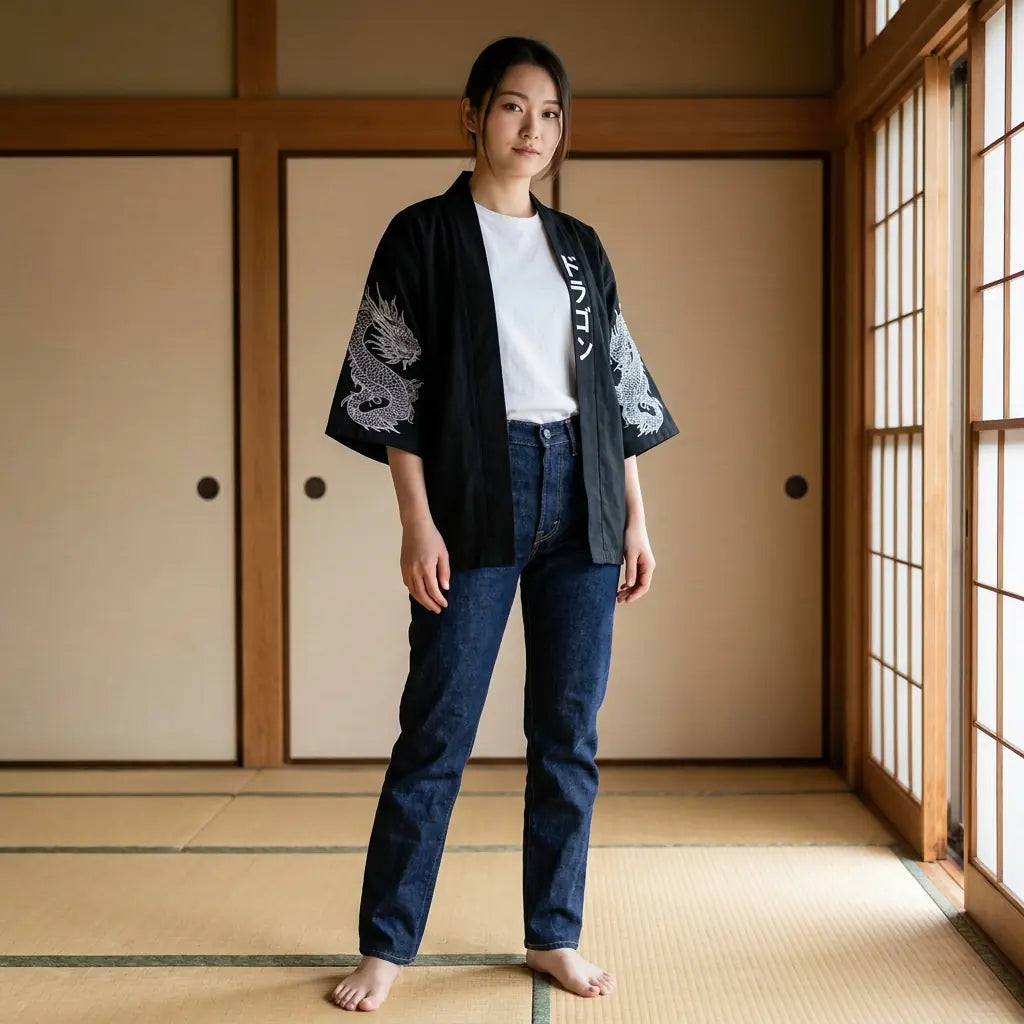 Frau trägt Drachen Haori in einem Washitsu-Raum mit Tatami und Shoji-Wänden