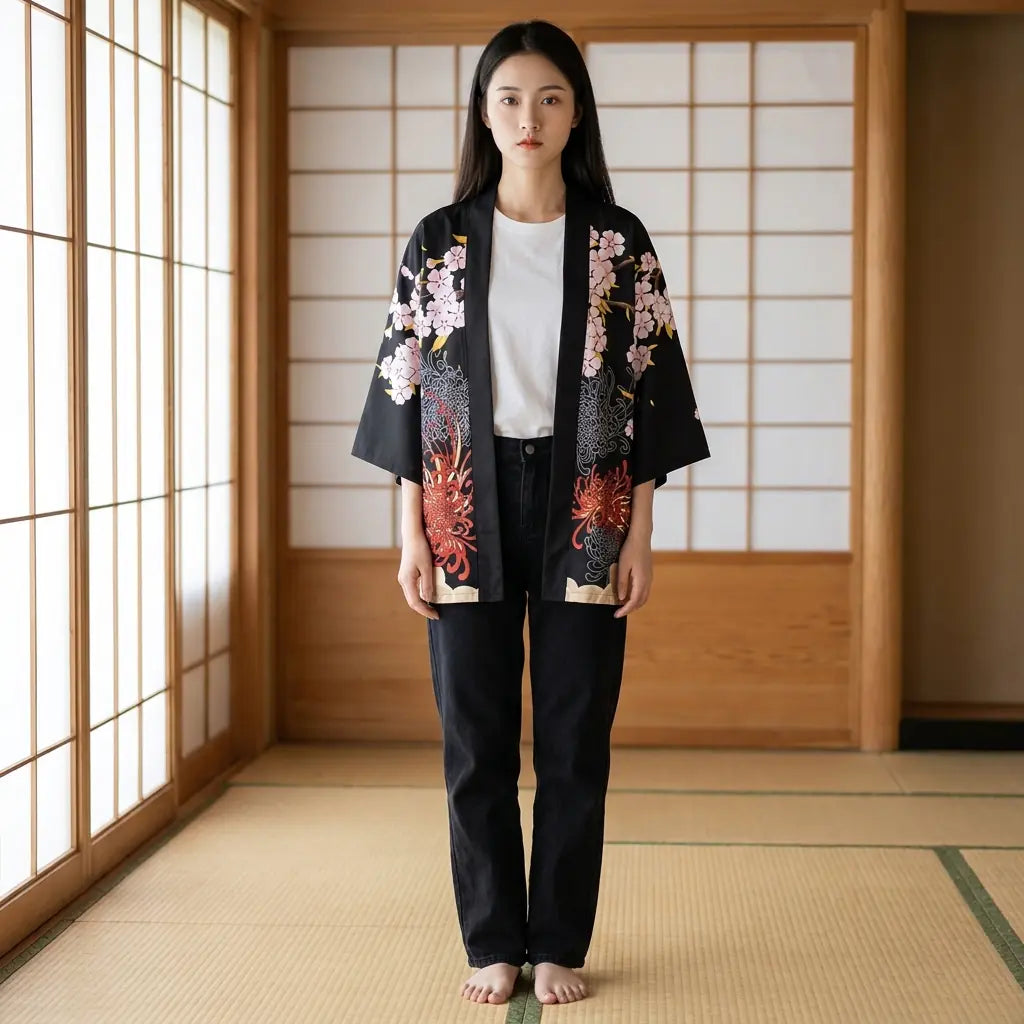 Frau trägt Haori Kimono Jacke im Washitsu Raum mit Tatami und Shoji