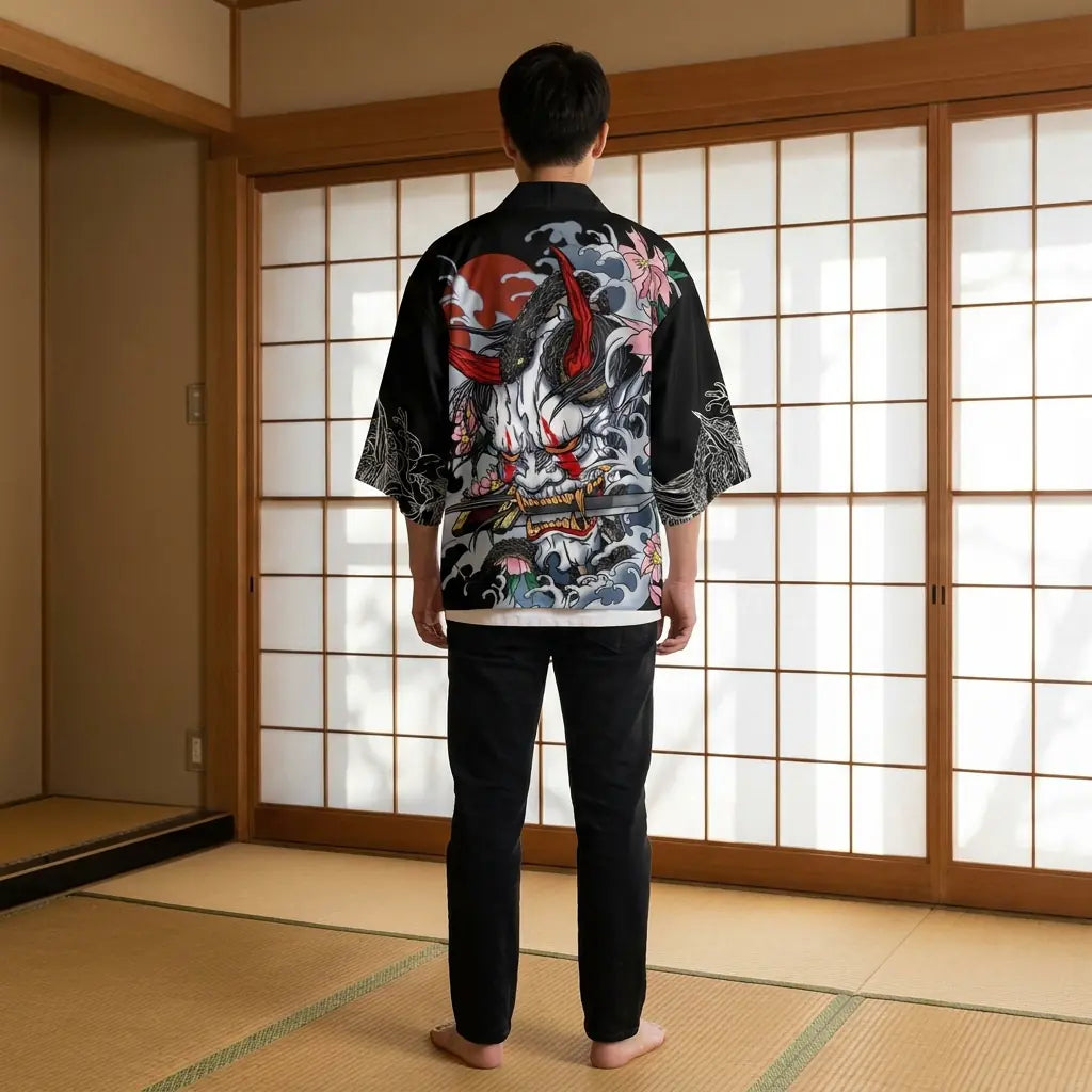 Rückansicht der Haori Kimono Jacke mit vollständigem Rückenmotiv