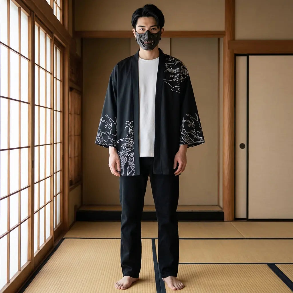 Mann trägt Haori Kimono Jacke mit Hannya Oni Motiv, Ansicht von vorne