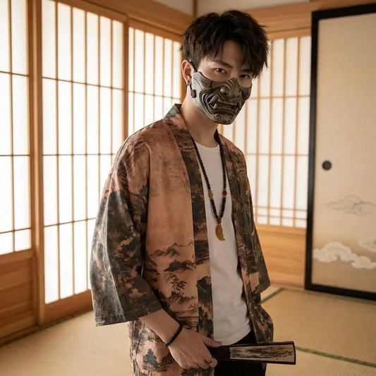 Mann trägt braune Haori Kimono Jacke in traditionellem japanischen Zimmer, Vorderansicht