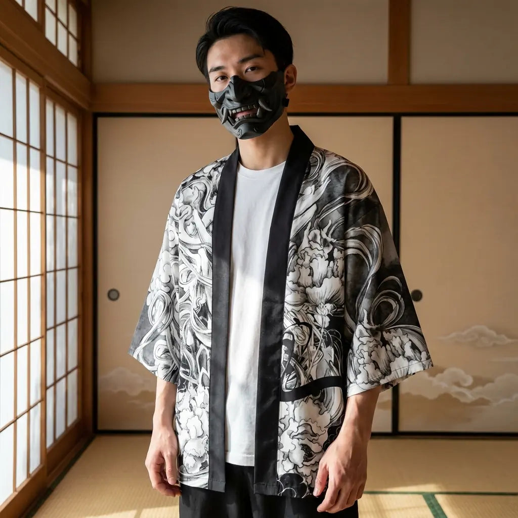 Mann trägt Haori Kimono Jacke in traditionellem japanischen Wohnzimmer, Frontalansicht