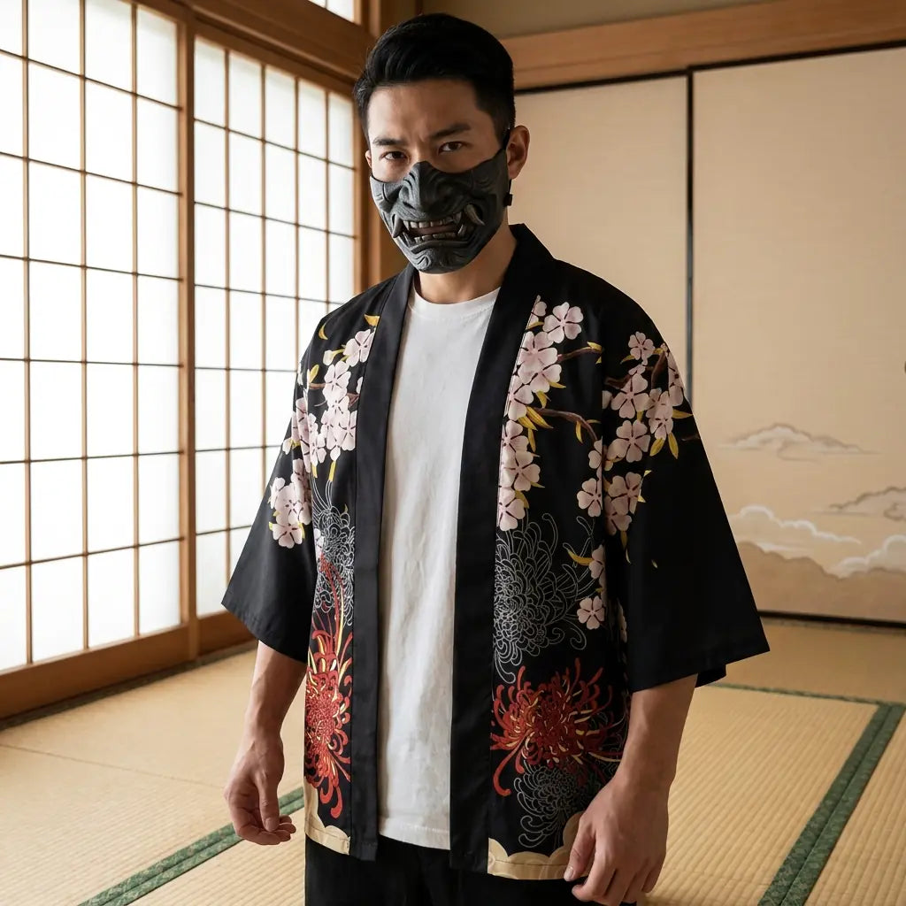 Mann trägt Haori Kimono Jacke in traditionellem japanischem Wohnzimmer, Frontansicht