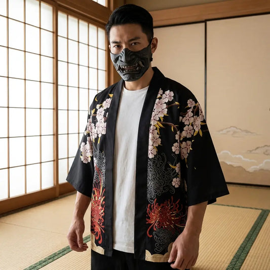 Mann trägt Haori Kimono Jacke in traditionellem japanischem Wohnzimmer, Frontansicht