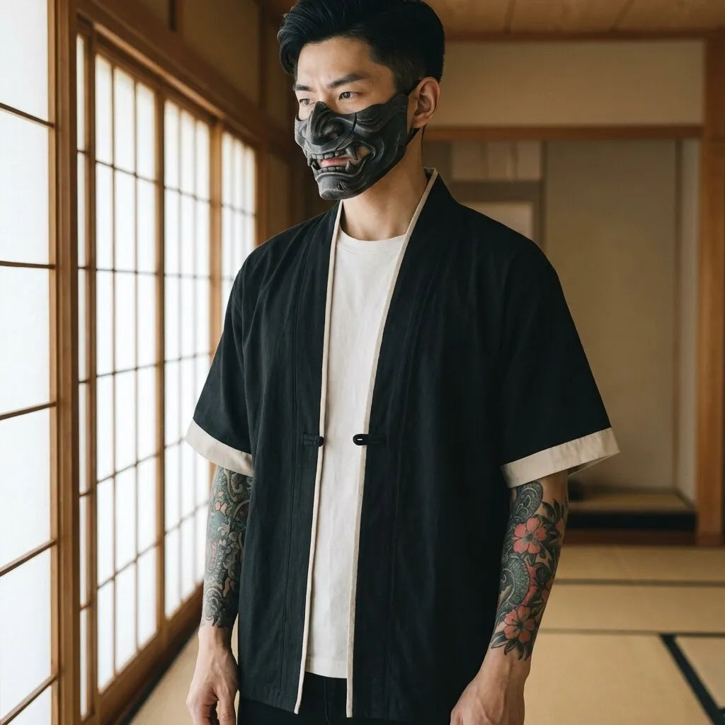 Schwarze Haori Kimono Jacke im minimalistischen Design von vorne