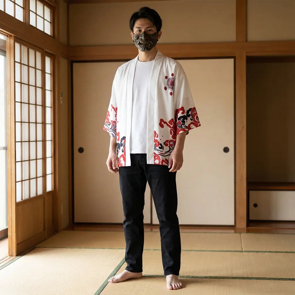 Mann trägt roten Haori in traditionellem japanischen Raum, Vorderansicht