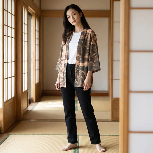 Frau trägt Haori Kimono Jacke in traditionellem japanischen Raum mit Tatami und Shoji