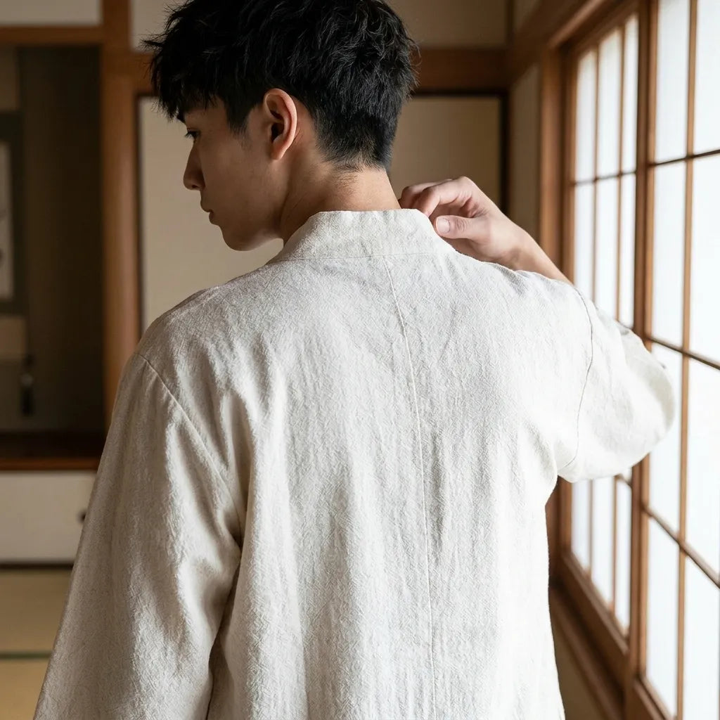 Detailansicht der weißen Haori Kimono Jacke aus Baumwolle