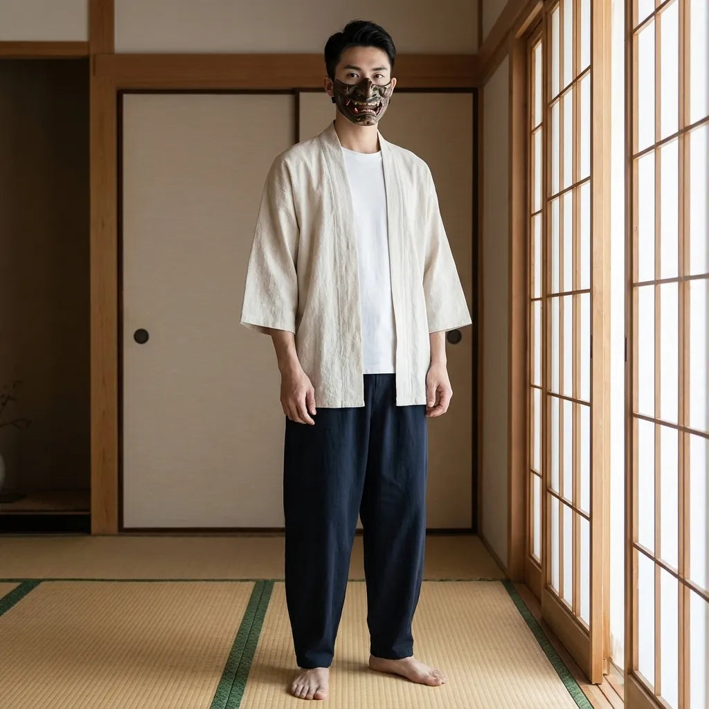 Weiße Haori Kimono Jacke mit offenem Schnitt von vorne