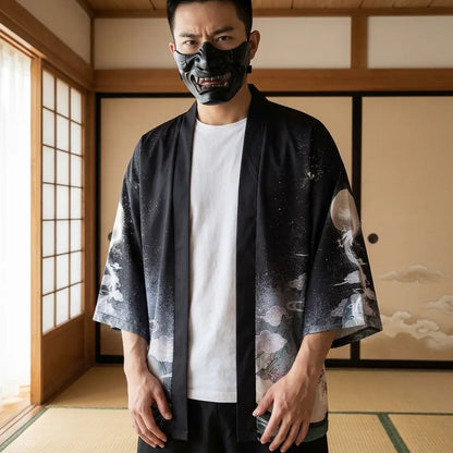 Mann trägt Haori Kimono Jacke Yume Yukata in traditionellem japanischen Zimmer