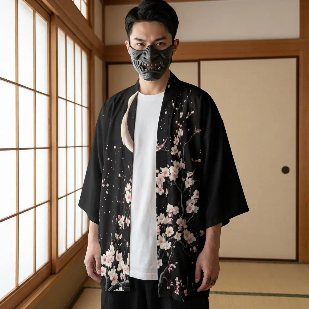 Mann trägt Haori Kimono Jacke mit Mond-Print in traditionellem japanischen Zimmer