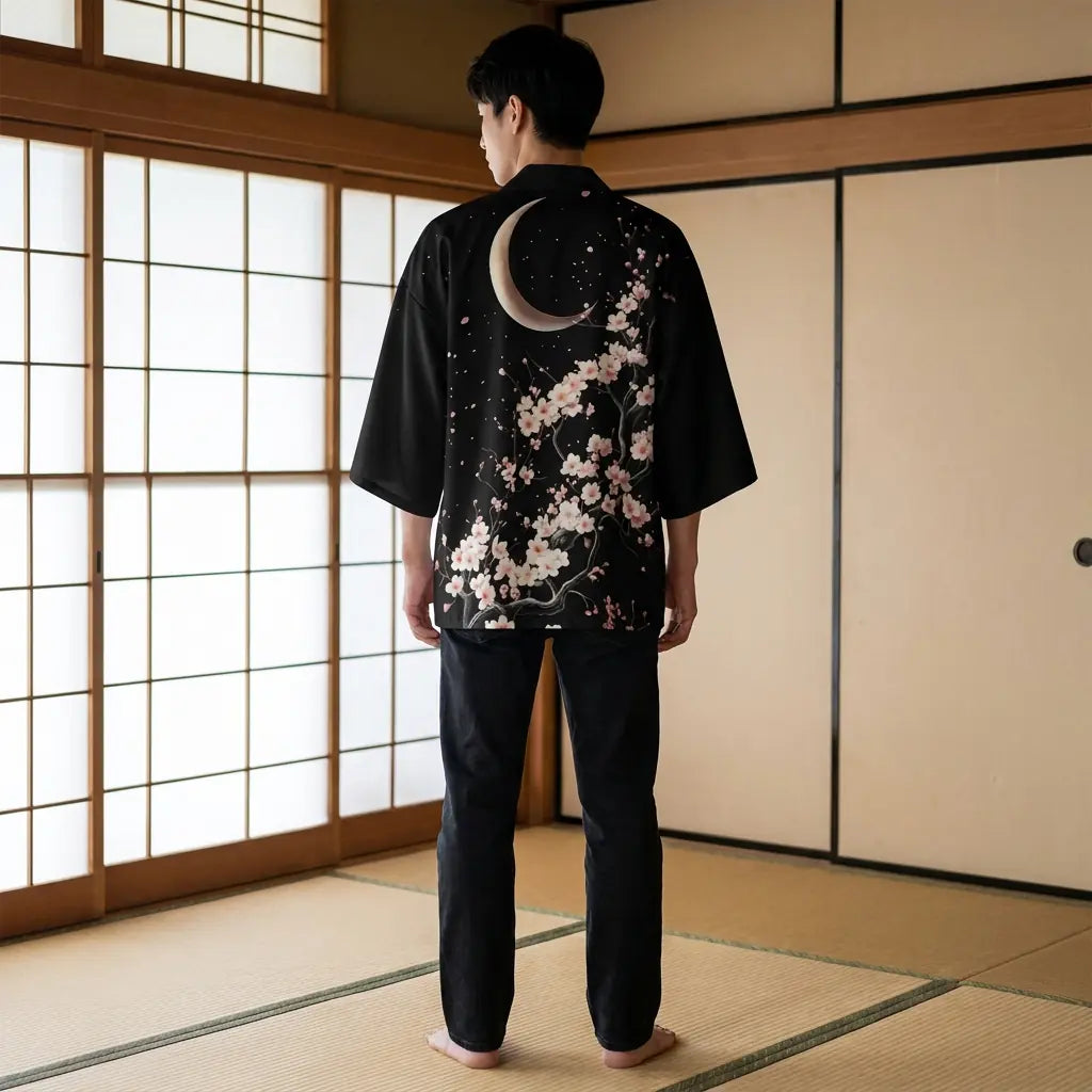 Rückenansicht der Haori Kimono Jacke mit vollständigem Mond-Print Design