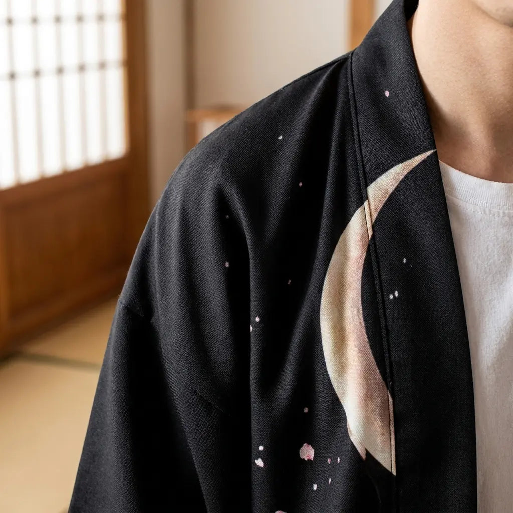 Nahaufnahme des bedruckten Stoffs und Ärmels der Haori Kimono Jacke