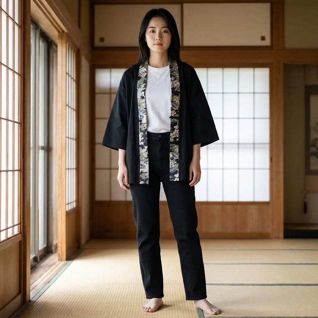 Frau trägt Haori Kimono Jacke in traditionellem Raum mit Tatami und Shoji