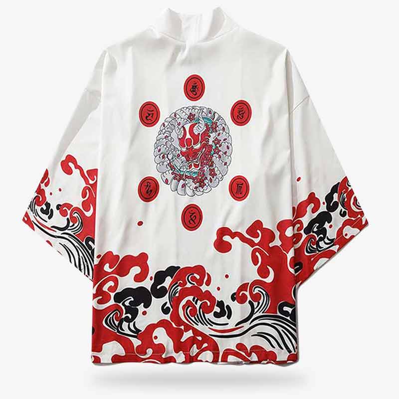 Roter Haori Kimono Jacke mit großem Oni-Dämon-Aufdruck auf dem Rücken