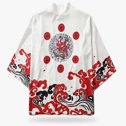 Roter Haori Kimono Jacke mit großem Oni-Dämon-Aufdruck auf dem Rücken