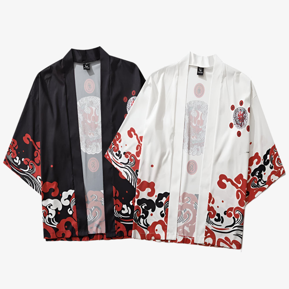 Herren Kimono Jacke in Rot und Schwarz mit japanischem Muster