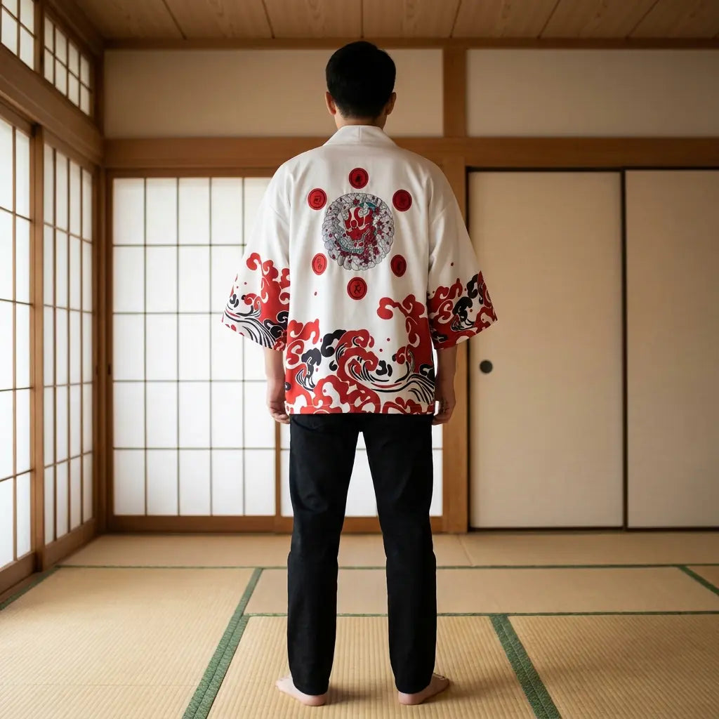 Rückansicht eines roten Haori mit vollständigem Rückenmotiv