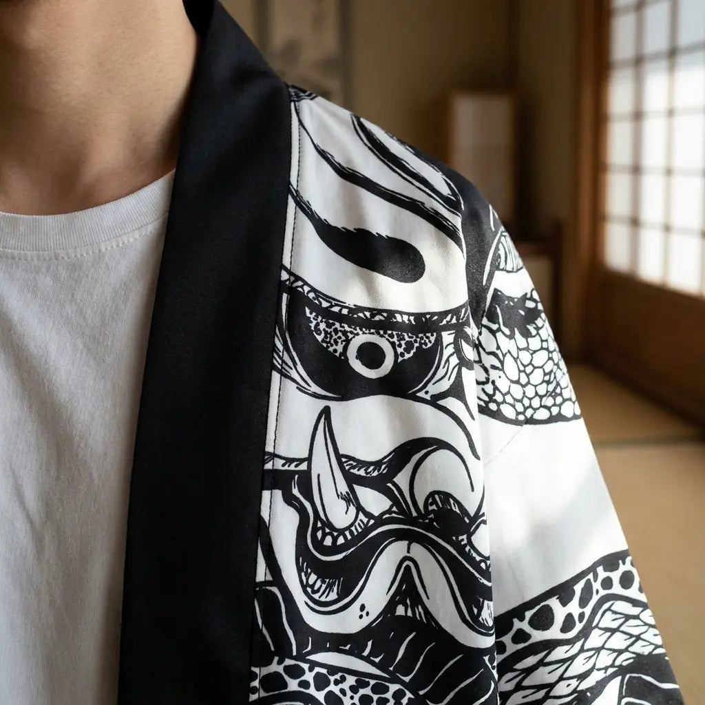 Detailansicht des bedruckten Haori Stoffs mit feinen Linien der Hannya Maske
