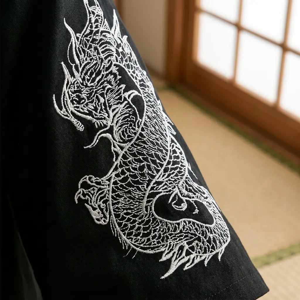 Nahaufnahme des bedruckten Stoffs und Ärmels eines Drachen Haori