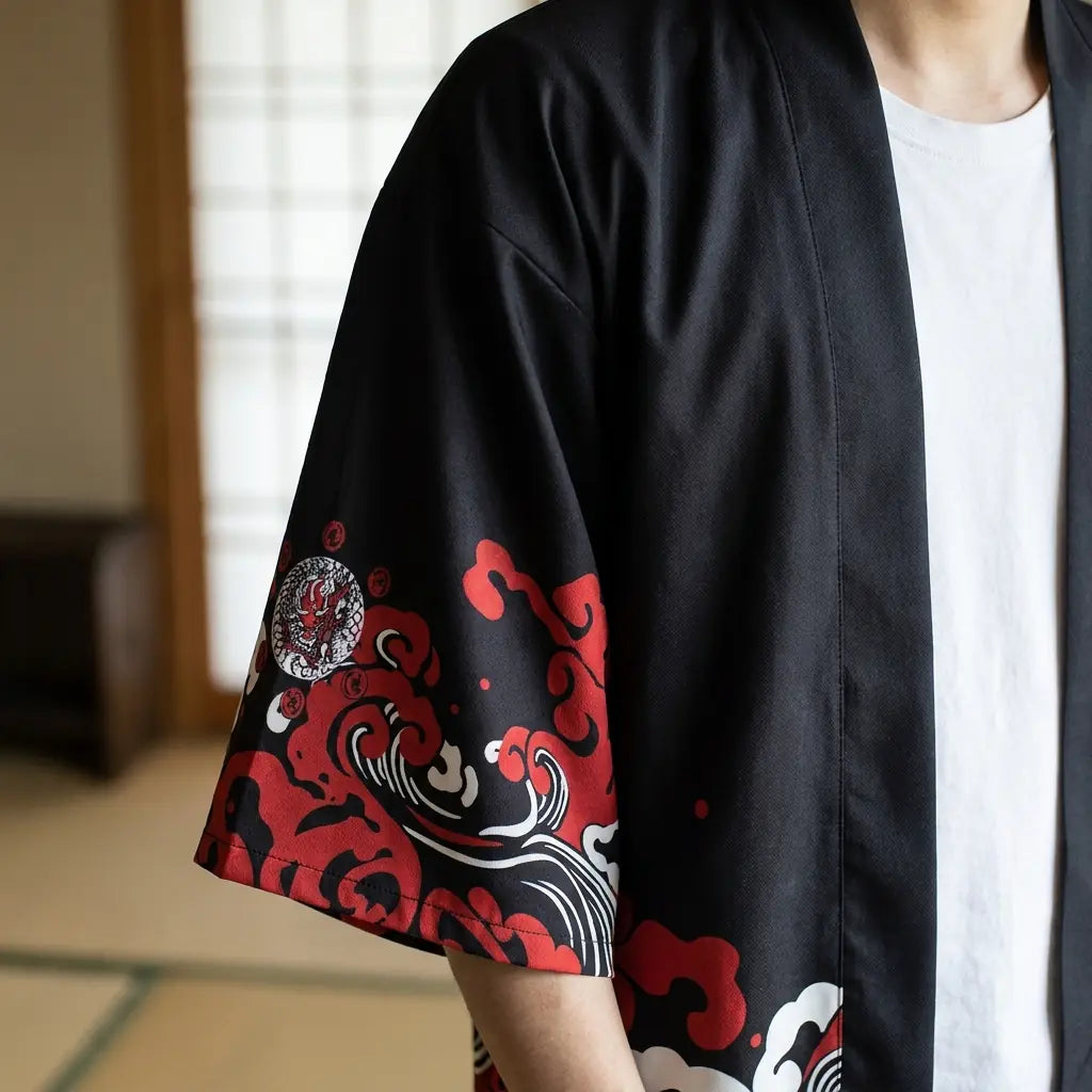 Nahaufnahme des bedruckten Stoffs und Ärmels eines roten Haori
