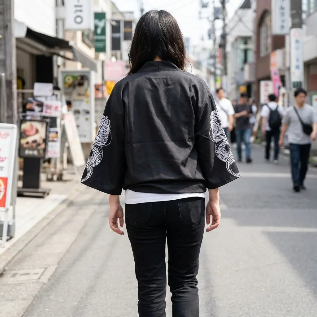 Frau von hinten in einem Drachen Haori auf einer Harajuku-Straße