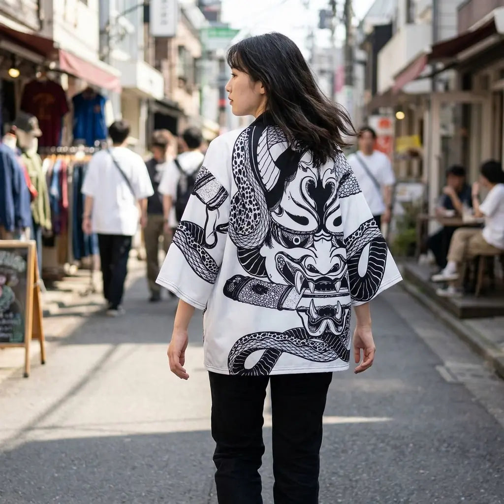 Haori Jacke im urbanen Streetwear Look von hinten fotografiert