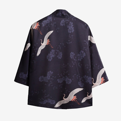 Haori Kimono Jacke mit Tsuru Kranich Muster und Sakura Blüten Motiven