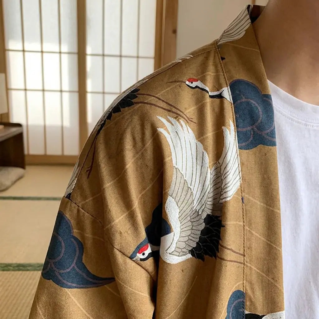 Detailaufnahme des gedruckten Musters auf der Rückseite der Haori Yukata Kimono Jacke