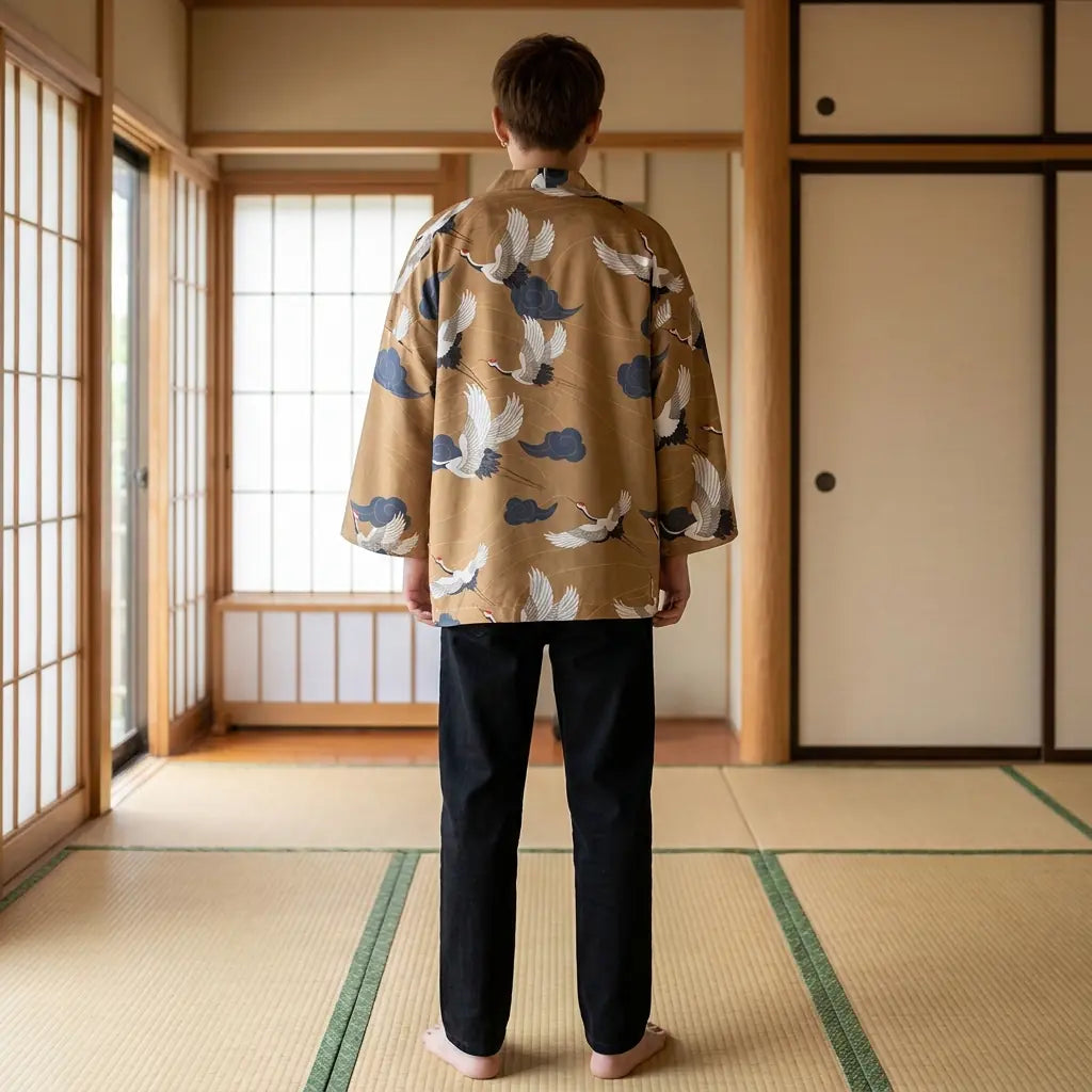 Rückenansicht der Haori Yukata Kimono Jacke mit vollständigem Muster auf dem Rücken
