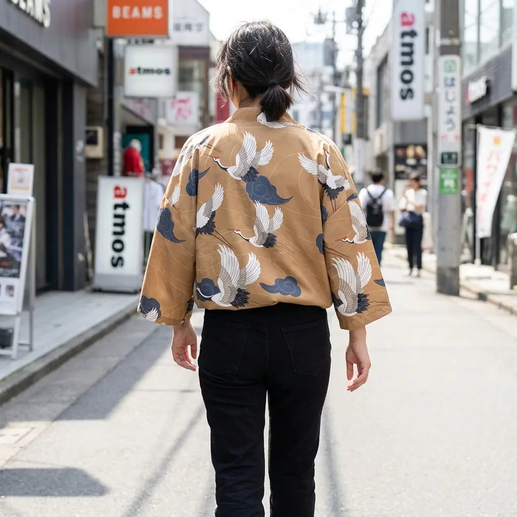 Frau von hinten fotografiert, trägt Haori Yukata Kimono Jacke im urbanen Streetwear-Look