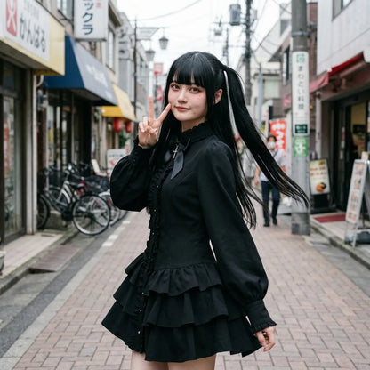 Harajuku Gothic-Streetstyle, gepuffte Ärmel und gestufte Rüschen in Bewegung eingefangen
