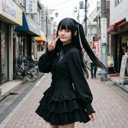 Harajuku Gothic-Streetstyle, gepuffte Ärmel und gestufte Rüschen in Bewegung eingefangen