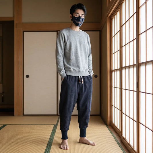 Mann trägt graue Strickjacke und dunkle Harajuku Hose in einem Raum mit Holzboden