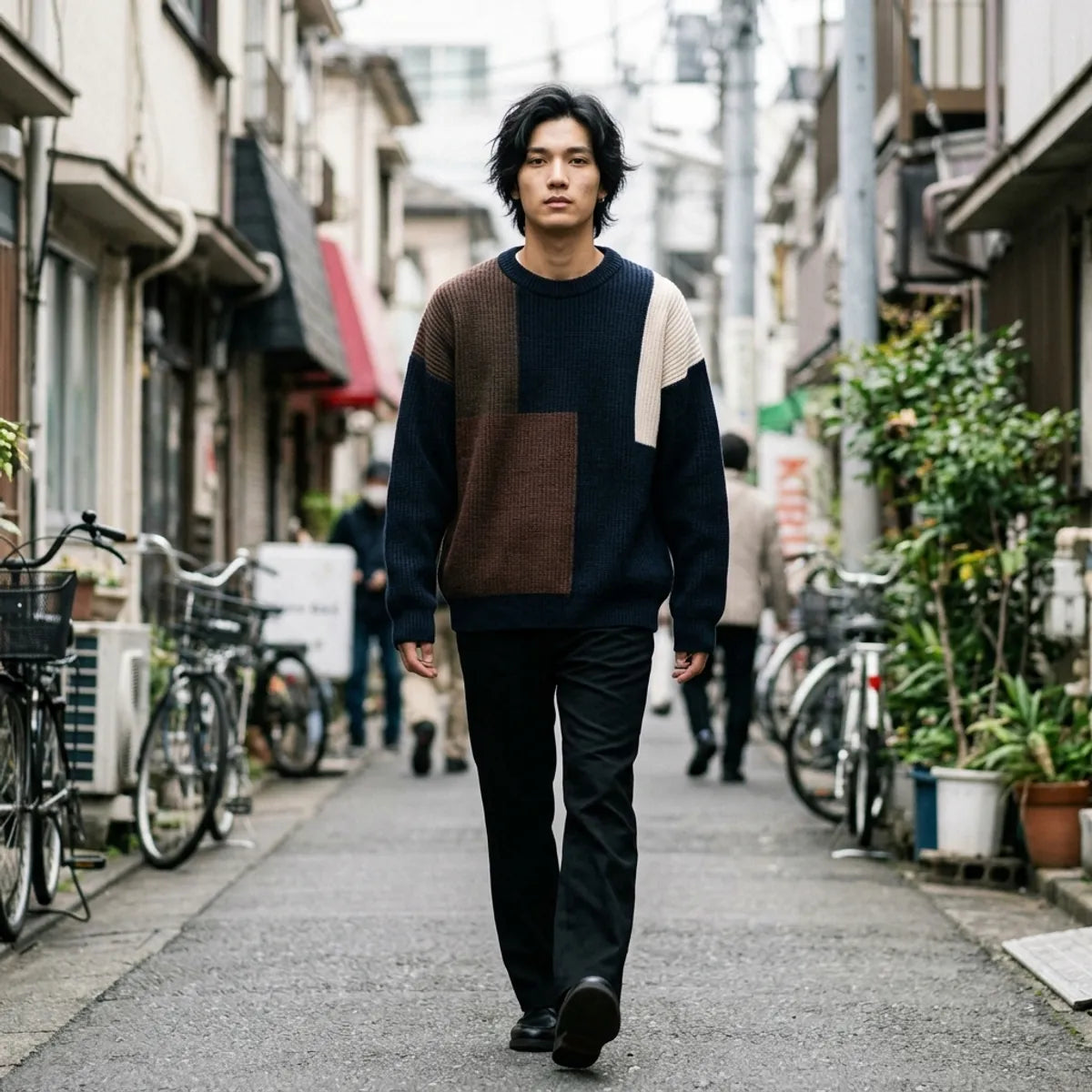 Model läuft in einem Navy Patchwork-Strickpullover mit groben gerippten Bündchen