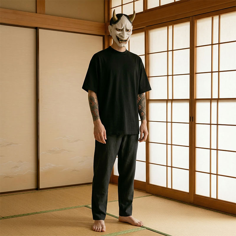 Person mit Horn Maske trägt schwarzes Harajuku Shirt in traditionellem Raum
