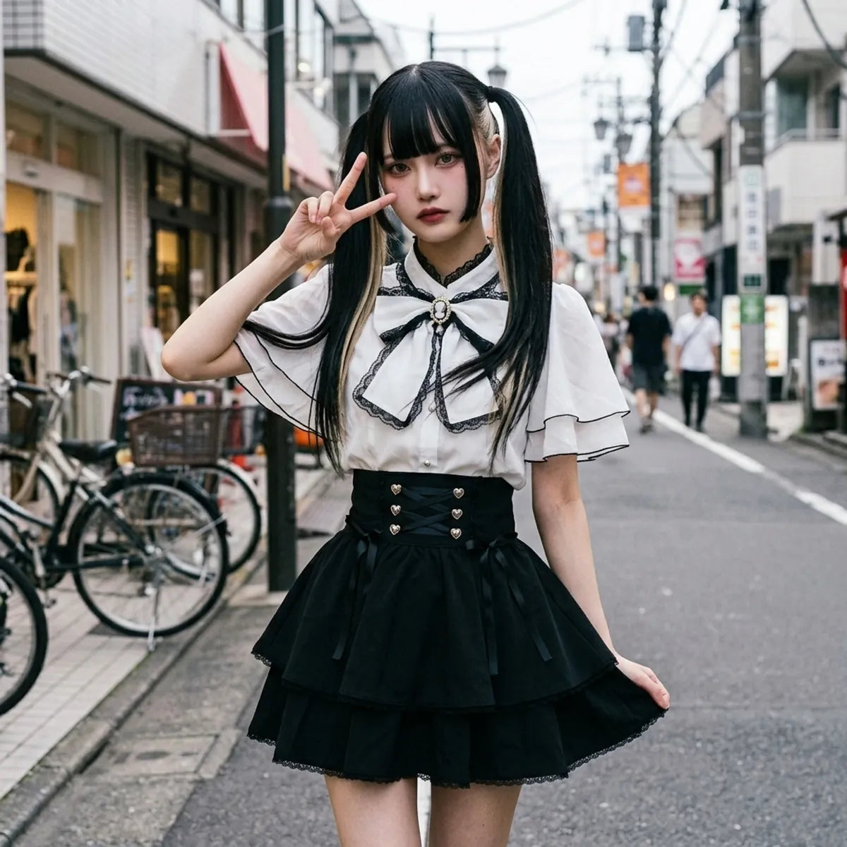 Harajuku Streetstyle Outfit mit gepufften Ärmeln und gestuftem Rock in Bewegung fotografiert