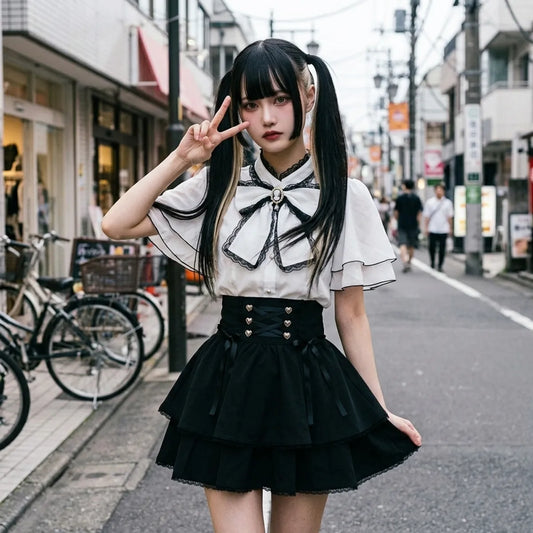 Harajuku Streetstyle Outfit mit gepufften Ärmeln und gestuftem Rock in Bewegung fotografiert