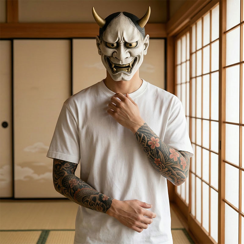 Person mit traditioneller Maske und weißem Harajuku T-Shirt auf Tatami-Boden
