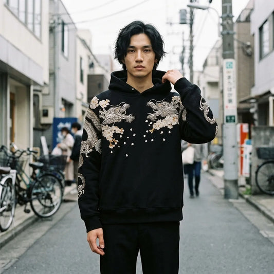 Schwarzer Herren Hoodie mit zwei silbernen Drachen-Stickereien auf der Brust in Harajuku