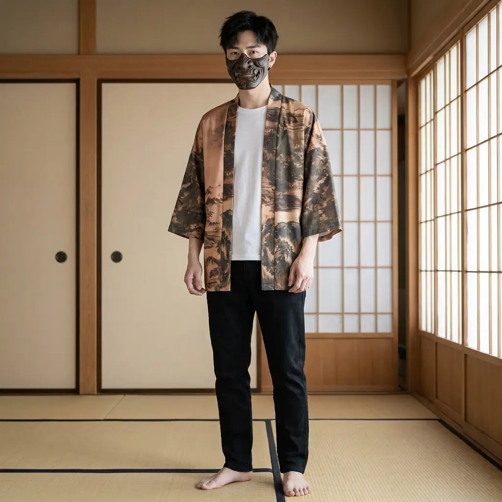 Mann trägt Haori Kimono Jacke im Streetwear-Stil, Frontansicht im Washitsu-Raum