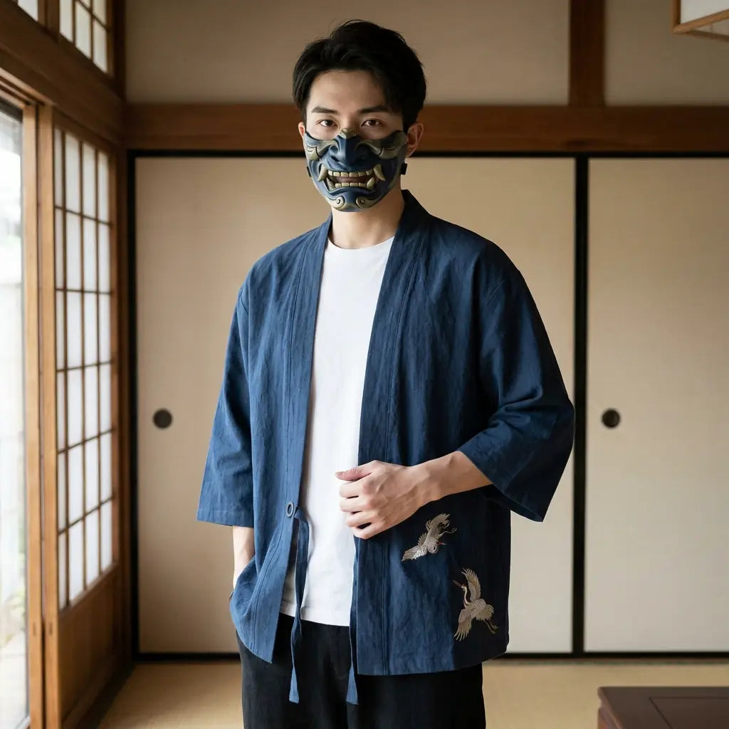 Mann trägt Herren Haori Jacke mit Kranich-Stickerei in traditionellem Raum