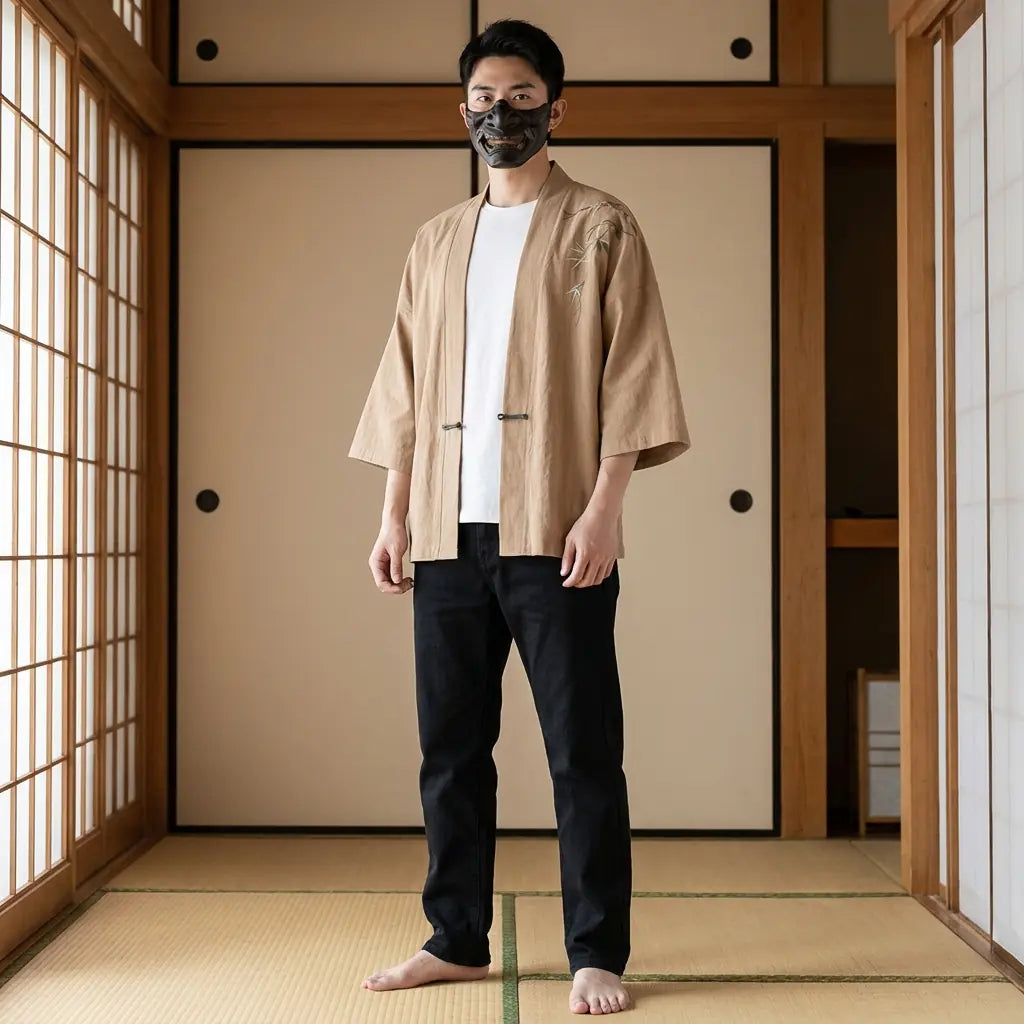 Mann trägt Haori Kimono Jacke im traditionellen japanischen Raum, Frontalansicht